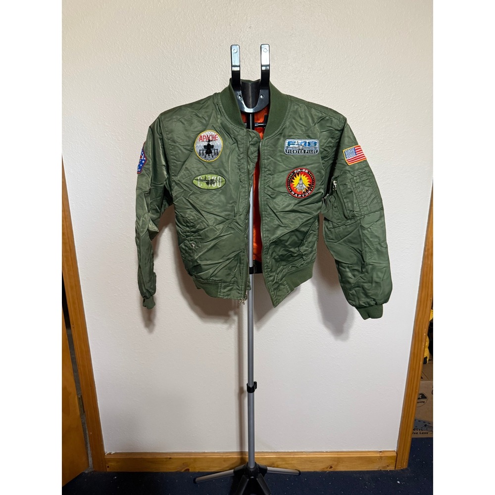Kids Flight Bomber Jacket Olive Green Military Patches Airplane Zipper Pull FLAW